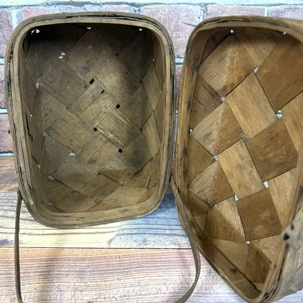 Antique Early 1900's Woven Split Wood Picnic Basket Hinged‎ Primitive Americana